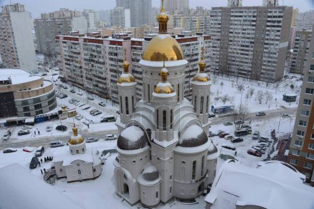 Photo for Aerial view of the Church in Patriotika quarter at winter, Poznyak, Kyiv - Royalty Free Image