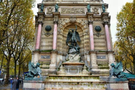 Photo for Paris, France - November 27, 2022: Ancient Paris Fountain Saint-Michel in the Latin Quarter of Paris, France. - Royalty Free Image