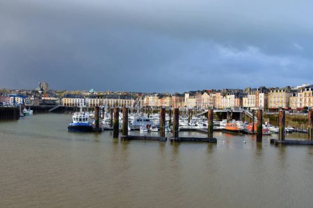 Photo for Dieppe, France - January 11, 2023: boats in the harbour in Dieppe, fishing port on the Normandy coast in northern France - Royalty Free Image