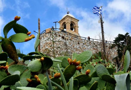 Photo for Athens, Greece - October 20, 2021: Bell tower of the 19th century Chapel of St. George on the summit of Lycabettus hill in Athens, Greece. - Royalty Free Image
