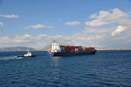 Photo for Saronic gulf, Attica, Greece - October 19, 2021: Tanker ship anchored near port of Piraeus. - Royalty Free Image