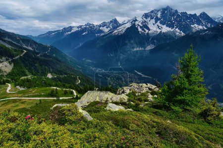 Téléchargez les photos : Paysage alpin avec les montagnes du Mont Blanc en été à partir de Plan Praz - en image libre de droit