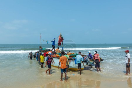 Photo for Benaulim Beach, Goa - India. April, 06 2023. Fishermen unloading their catch from strawllers onto the shore. Fishermen then meticulously sort  segregate the fish according to their species and size. - Royalty Free Image