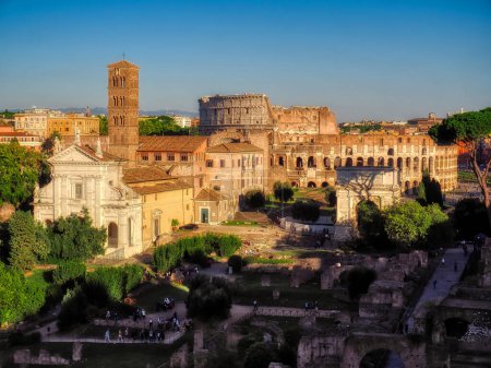 Aerial view of the Roman Forum and the Colosseum, Rome, Italy