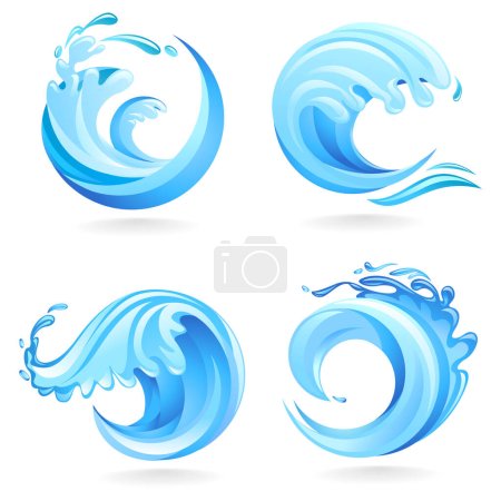Ilustración de Conjunto de ondas oceánicas azules aisladas sobre fondo blanco, también idea de logotipo - Imagen libre de derechos