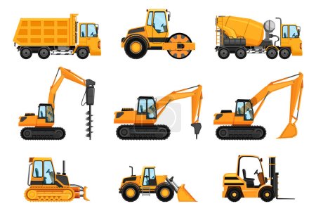 vector illustration of various types of construction vehicles