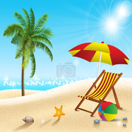 Illustration for Illustration of a relaxing beach with an umbrella and a foldable bed - Royalty Free Image