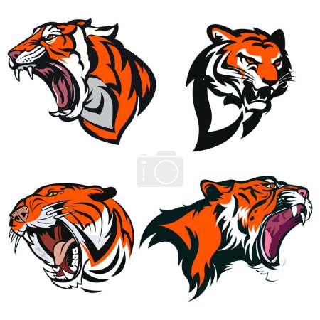Illustration for Roaring tiger head set on white - Royalty Free Image