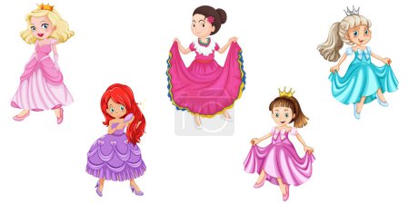 Vector illustration of a princess in different beautiful dresses