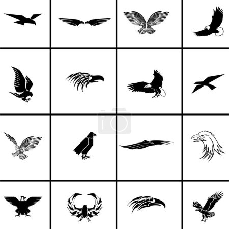 Ilustración de Flying eagle Icon Pack, cabeza de águila, alas de águila, negro sobre blanco - Imagen libre de derechos