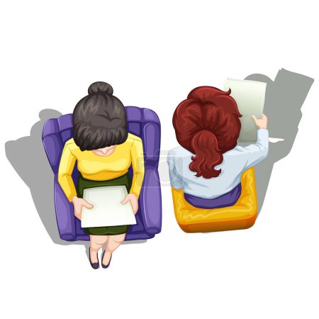 Illustration for Back and front view vector illustration, woman sitting reading - Royalty Free Image