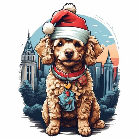 Téléchargez les illustrations : Illustration vectorielle de chien mignon portant un chapeau de Noël - en licence libre de droit