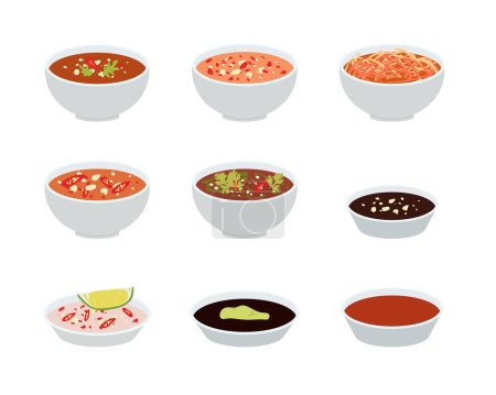 Illustration for Set of dipping sauce with chili, garlic, salt, soy, mustard flat vector design illustration. Fish sauce clipart. Asian food. Asian cuisine - Royalty Free Image