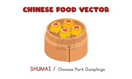 Illustration for Chinese Shumai - Chinese Pork Dumplings in a bamboo steamer flat vector design illustration, clipart cartoon style. Asian food. Chinese cuisine. Chinese food - Royalty Free Image