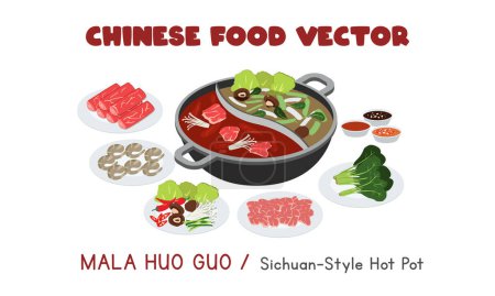 Illustration for Chinese Mala Huo Guo - Sichuan-style Hot Pot flat vector design illustration, clipart cartoon style. Asian food. Chinese cuisine. Chinese food - Royalty Free Image
