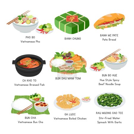 Ilustración de Conjunto de vectores de comida vietnamita. Conjunto de platos famosos en Vietnam ilustración vector plano, caricatura clipart. Banh Mi, Pho, Bun Cha, Banh Chung. Comida asiática. Cocina vietnamita. Diseño de vectores de alimentos vietnamitas - Imagen libre de derechos