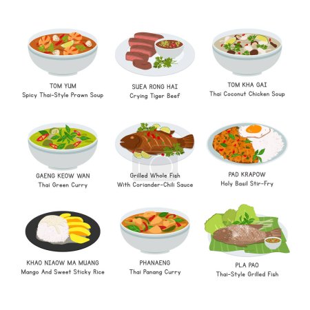 Illustration for Thai Food vector set. Set of famous dishes in Thailand flat vector illustration, clipart cartoon. Tom Yum, Tom Kha Gai, Crying Tiger Beef, Pla Pao. Asian food. Thai cuisine. Thai foods vector design - Royalty Free Image