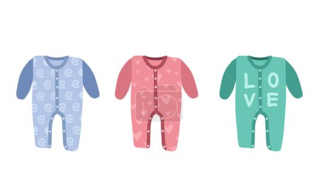 Vektor Set von Babygrow Cliparts. Einfache niedliche Baby-Schlafanzug, Strampler, Jumpsuit, Body flache Vektordarstellung. Babygrow Babykleidung für schlafende Babys im Cartoon-Stil. Kinder, Babydusche, Neugeborenes