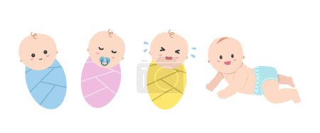 Illustration for Vector set of cute babies clipart. Simple cute baby with different emotions swaddled in blue, pink, yellow blanket wrap, and blue diaper. Smiling, crying, sleeping, crawling baby cartoon style - Royalty Free Image