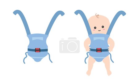 Illustration for Blue baby sling clipart. Simple cute little baby in sling flat vector illustration. Babywearing, baby in wrap carrier cartoon style. Kids, baby shower, newborn and nursery decoration concept - Royalty Free Image