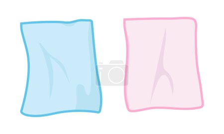 Téléchargez les illustrations : Ensemble vectoriel de serviettes bébé bleu et rose clipart. Simple serviettes en tissu bébé mignon illustration vectorielle plate. Serviettes de bain en coton pour bébés, enfants, enfants. Douche de bébé, décoration de nouveau-né et de pépinière - en licence libre de droit
