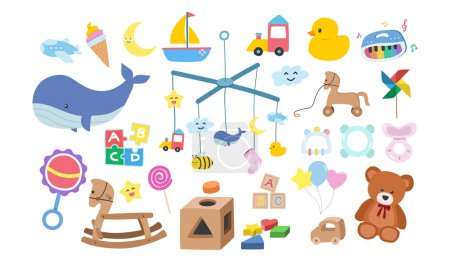 Vector set of kids toys clipart. Simple cute baby toys flat vector illustration. Children toys rubber duck, baby mobile, piano, shape sorter, teddy bear, baby blocks, rattle, teether, puzzle cartoon