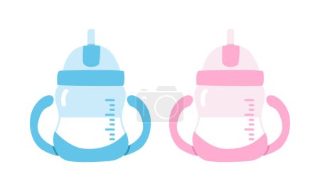Illustration for Vector set of blue and pink baby sip cup clipart. Simple cute baby water bottle for children drinking flat vector illustration. Baby sip cup cartoon style. Toddler feeding bottle for baby boy and girl - Royalty Free Image