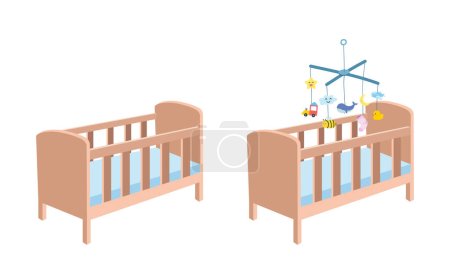 Illustration for Wooden baby crib clipart. Simple cute crib with baby mobile hanging toy flat vector illustration. Baby crib cradle bed children bedroom cartoon hand drawn style. Kids, baby shower, nursery decoration - Royalty Free Image