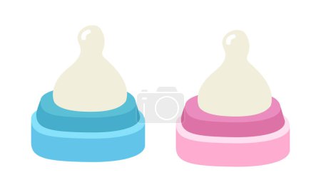 Illustration for Set of blue and pink baby bottle nipple clipart. Simple cute latex nipple for covering feeding bottle flat vector illustration isolated on white. Nipple for baby boy and baby girl cartoon style icon - Royalty Free Image