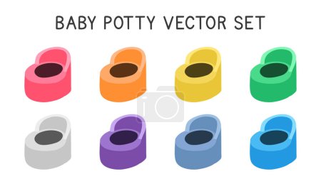 Illustration for Set of multicolor baby potty clipart. Simple cute colorful plastic potty for children flat vector illustration. Plastic toilet pot for kids or children cartoon style icon. Children hygiene concept - Royalty Free Image