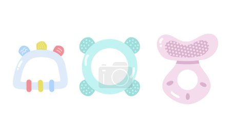 Illustration for Set of different baby teether clipart. Simple cute silicone teether soothing tool for teething infants flat vector illustration. Baby teething toy cartoon style icon. Infant growing first tooth biting - Royalty Free Image
