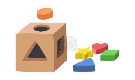 Wooden shape sorter toy clipart. Simple cute children toy shape sorter puzzle flat vector illustration. Shape sorter toy cartoon style icon. Kids, baby shower, children and nursery decoration concept