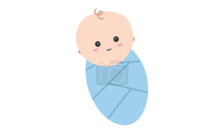 Illustration for Smiling baby swaddle clipart. Simple cute smile baby swaddle in blue wrap flat vector illustration. Happy infant baby swaddling cartoon style. Kids, baby shower, newborn and nursery decoration concept - Royalty Free Image
