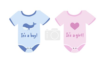Blue and pink baby bodysuit for twins clipart. Simple cute baby bodysuit with It's a boy and It's a girl design flat vector illustration. Baby bodysuit, body children, baby shirt, romper, clothes for newborns cartoon