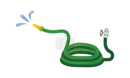 Green garden hose watercolor hand drawn illustration isolated on white background. Garden watering hose clipart drawing. Garden water irrigation equipment. Agriculture work equipment, vector design