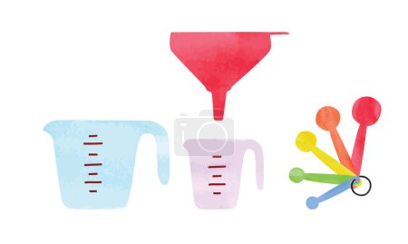 Illustration for Set of kitchen measuring cups, measuring spoons and funnel watercolor style vector isolated on white background. Measuring cup and measuring spoons use in cooking clipart. Kitchen utensils cartoon - Royalty Free Image