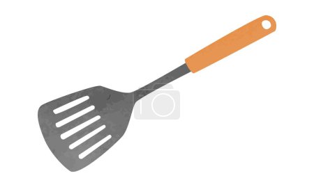 Illustration for Simple kitchen spatula with wooden handle watercolor vector illustration isolated on white background. Slotted spatula clipart. Kitchen turner cartoon style. Spatula hand drawn - Royalty Free Image