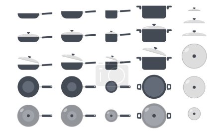 Illustration for Full set of kitchen cooking pots and pans clipart vector illustration. Kitchen frying pan, cooking pot sign flat vector design. Kitchen pots and pans with and without lids icon. Kitchen concept - Royalty Free Image