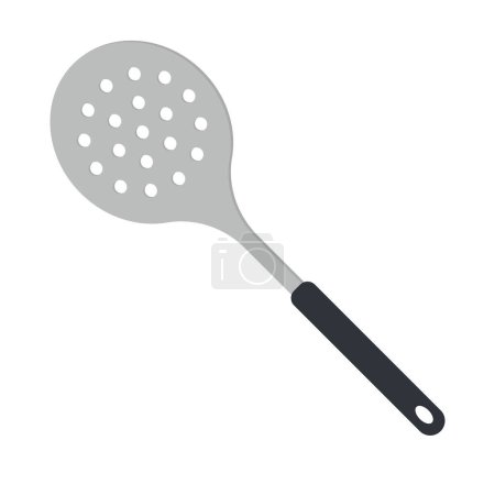 Illustration for Kitchen skimmer flat icon for web. Simple skimmer sign flat vector design. Cute skimmer with black handle icon isolated on white. Cooking skimmer cartoon clipart. Kitchen utensil concept illustration - Royalty Free Image