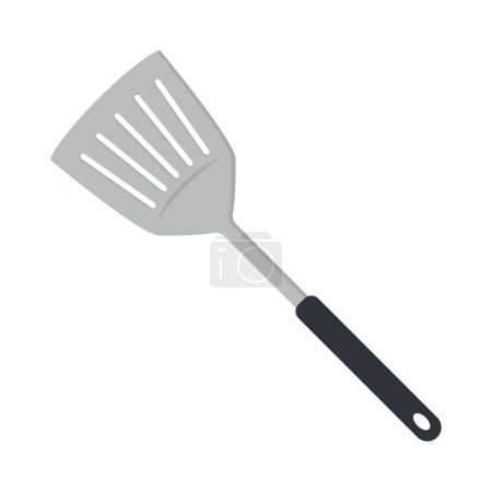 Illustration for Kitchen spatula clipart vector illustration. Slotted spatula flat vector design. Kitchen spatula icon isolated on white. Metal spatula with plastic handle cartoon clipart. Kitchen concept symbol - Royalty Free Image