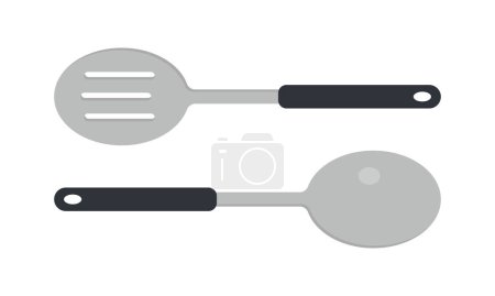 Illustration for Set of kitchen solid spoon and slotted spoon clipart vector illustration. Serving spoons flat vector design. Slotted spoon icon isolated on white. Metal spoon cartoon clipart. Kitchen concept symbol - Royalty Free Image