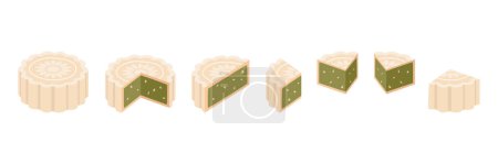 Set aus ganzen, halben, einem Viertel geschnittenen Scheiben klebrigem Reis-Mondkuchen mit grünem Tee und Kürbiskernen. Weiße Mondkuchen Vektor-Design-Illustration. Mondkuchen zum Mittherbstfest