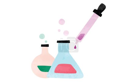 Illustration for Doodle hand drawn chemistry lab kit with Erlenmeyer flask, round bottom flask and dropper watercolor style vector isolated on white background. Minimalist chemistry flask clipart - Royalty Free Image