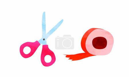 Illustration for Hand drawn scissor and tape watercolor illustration isolated on white background. Open scissors with red handle illustration. Scissors clipart. Tape clipart - Royalty Free Image