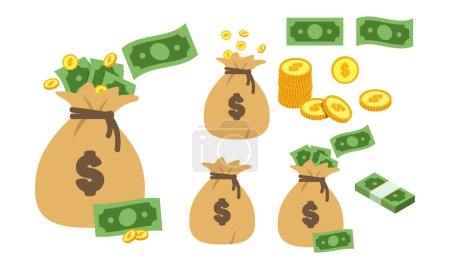 Illustration for Set of money bag with dollar sign clipart vector design illustration. Simple moneybag with banknotes and coins flat icon cartoon style. Currency, banknote, investment, finance, wealth, budget concept - Royalty Free Image