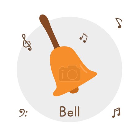 Illustration for Handle bell clipart cartoon style. Simple cute handle-bell with wooden handle percussion musical instrument flat vector illustration. Percussion instrument bell hand drawn doodle. Handle bell vector - Royalty Free Image