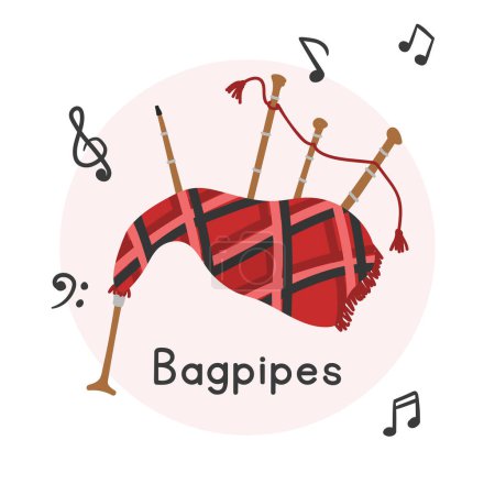 Illustration for Bagpipes clipart cartoon style. Simple cute red bagpipes Middle Eastern woodwind instrument flat vector illustration. Wind musical instrument bagpipe hand drawn doodle style. Bagpipes vector design - Royalty Free Image