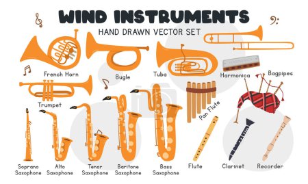 Illustration for Wind instruments vector set. Simple cute trumpet, bugle, trombone, tuba, saxophone, french horn, clarinet, recorder, bagpipes clipart cartoon style. Wind instrument trumpet hand drawn doodle style - Royalty Free Image