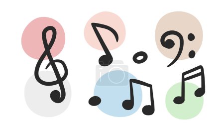 Illustration for Vector set of musical notations with multiple decorative dots in the background. Treble clef, bass clef, eighth note, quaver, sixteenth note, semiquaver musical symbols vector cartoon hand drawn style - Royalty Free Image