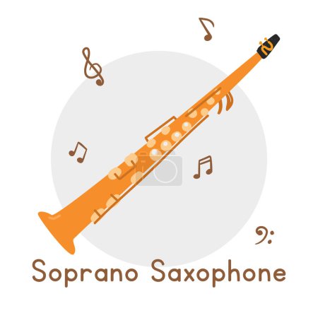Golden soprano saxophone clipart cartoon style. Simple cute soprano brass musical instrument flat vector illustration. Brass instruments hand drawn doodle style. Wind instrument soprano vector design